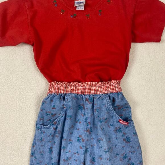 Rare Vintage 90s Oshkosh B'gosh Girls Cherry Outfit Pants T Shirt Size 5 - Picture 2 of 9